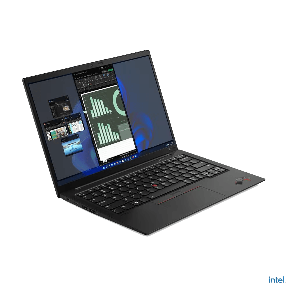 Ein geöffnetes ThinkPad X1 Carbon, leicht schräg nach rechts gedreht, mit einer Tabellengrafik auf dem Display